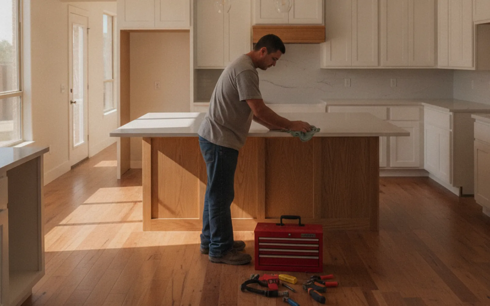 Desert Oak Kitchen Co. crew finishing a kitchen remodel serving Westside, TX